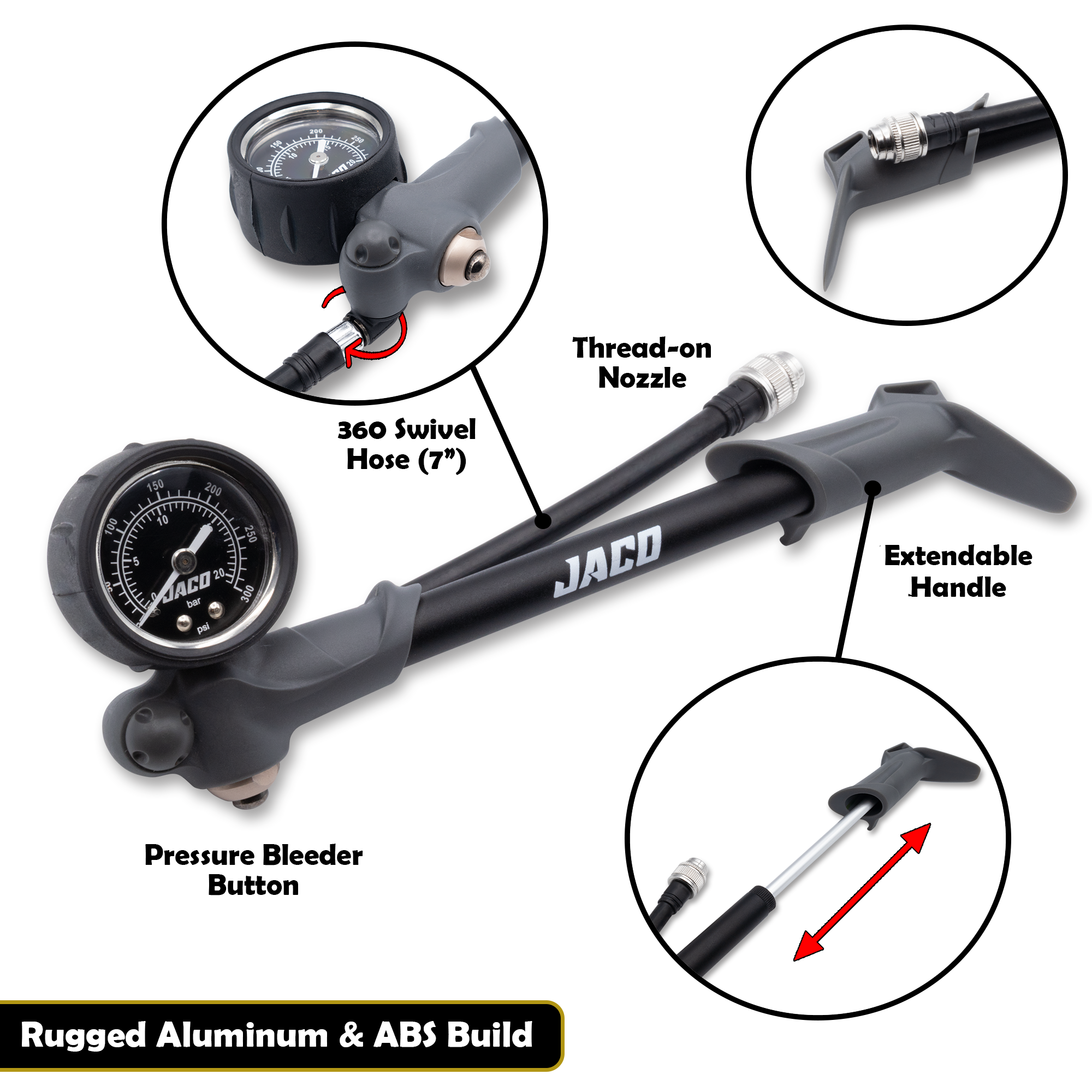 Photo of ShockPro™ Mountain Bike Shock Pump with Gauge - 300 PSI by JACO - Premium MTB Shock Pump for UTVs / Side by Sides