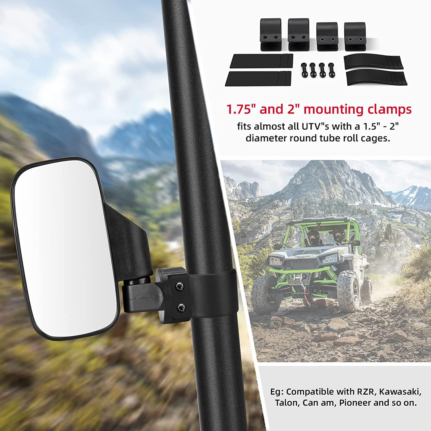 Photo of UTV Side Mirrors and Center Mirror with 1.6" to 2" Roll Bar Cage by Kemimoto - Premium for UTVs / Side by Sides