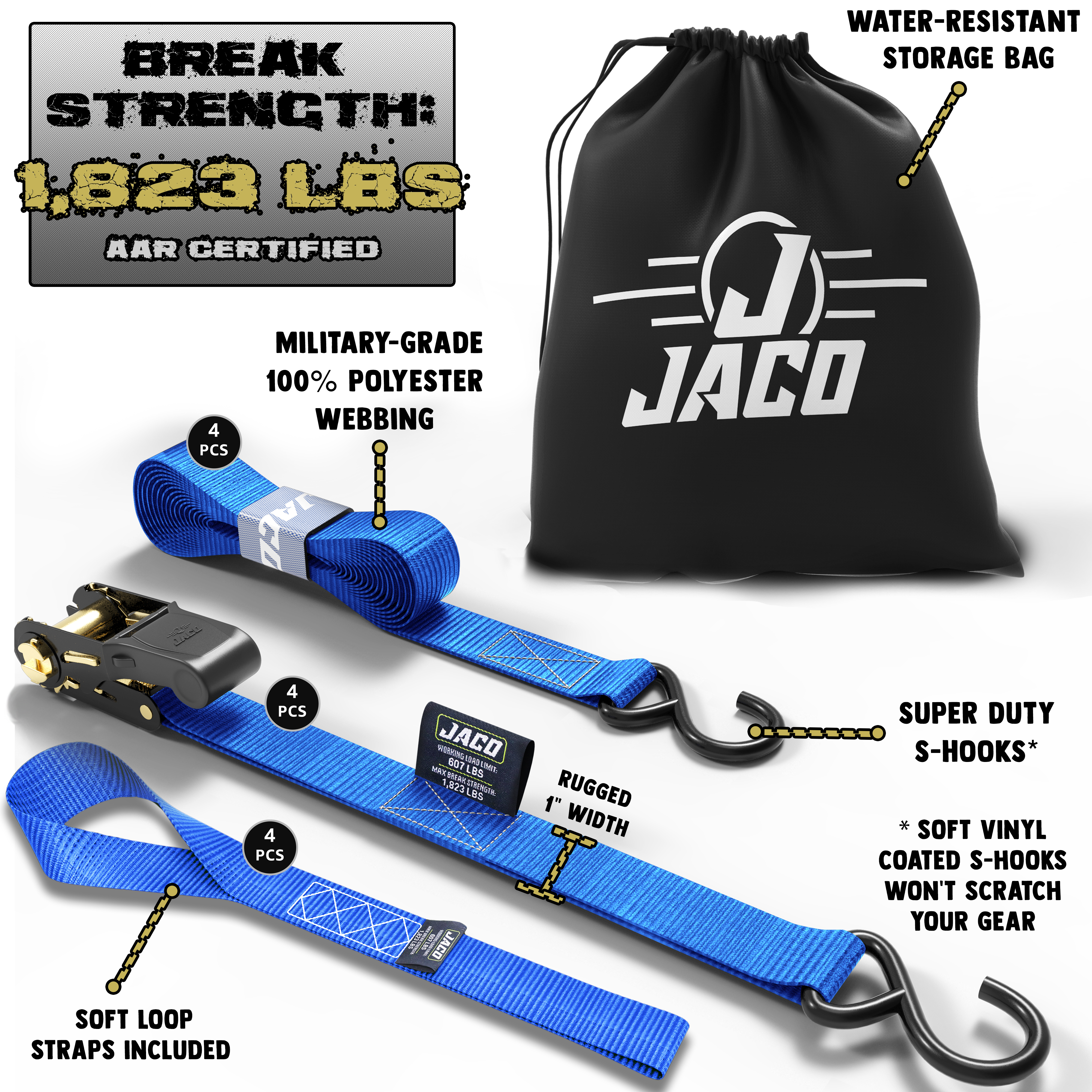 Photo of Tie Down Ratchet Straps (4 Pack) - 1 in x 15 ft | AAR Certified Break Strength (1,823 lbs) | Cargo Tie Down Set by JACO - Premium Tie Downs for UTVs / Side by Sides