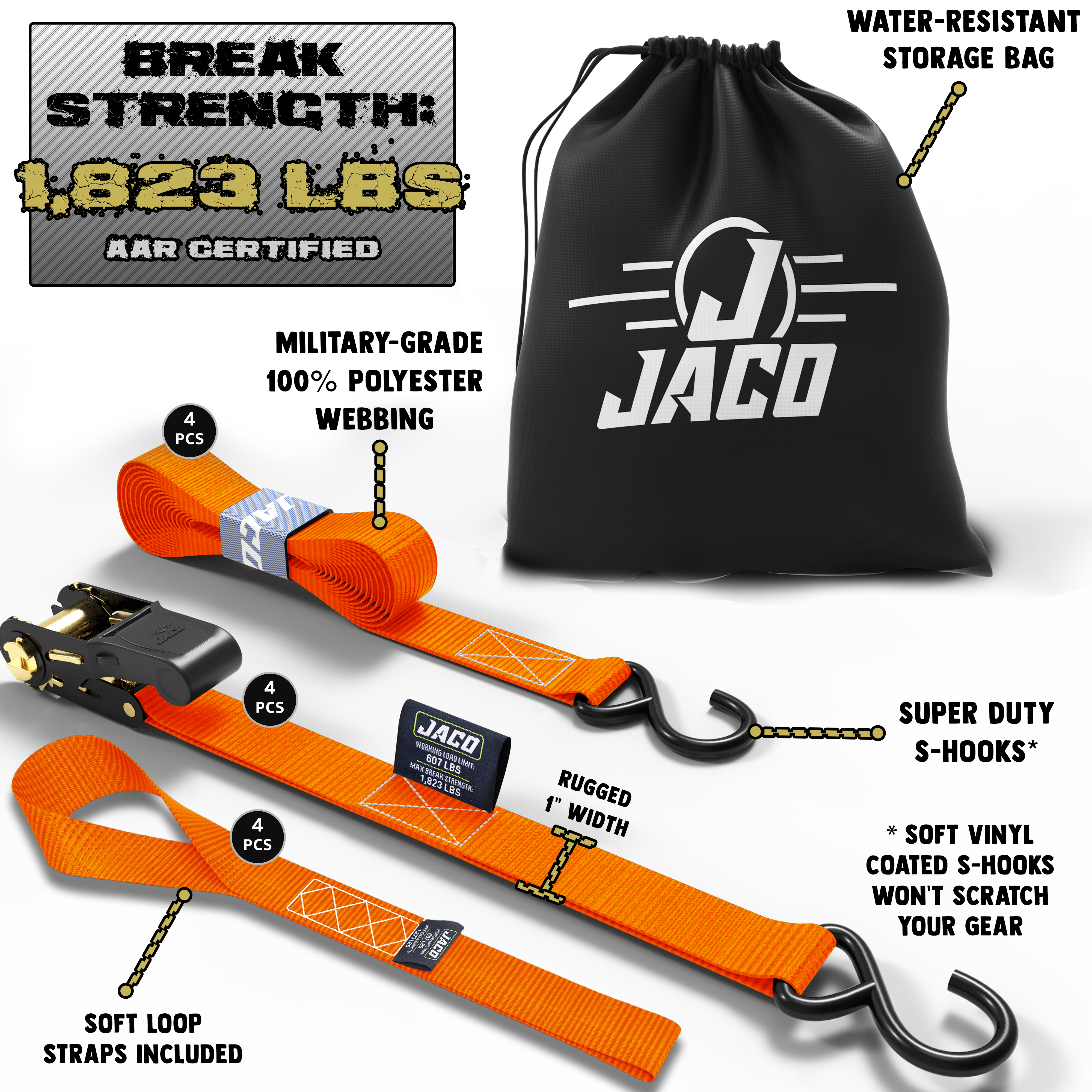 Photo of Tie Down Ratchet Straps (4 Pack) - 1 in x 15 ft | AAR Certified Break Strength (1,823 lbs) | Cargo Tie Down Set by JACO - Premium Tie Downs for UTVs / Side by Sides