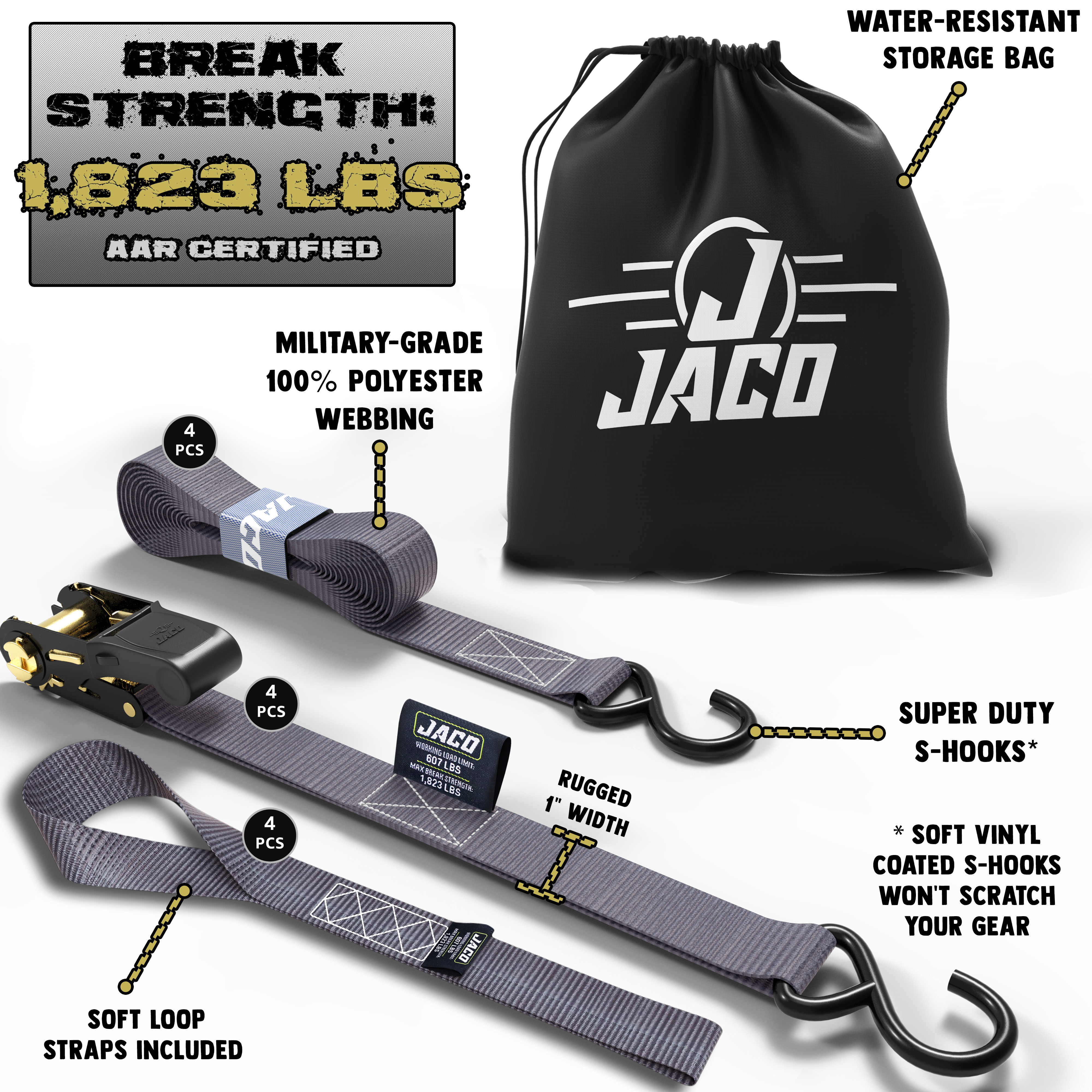 Photo of Tie Down Ratchet Straps (4 Pack) - 1 in x 15 ft | AAR Certified Break Strength (1,823 lbs) | Cargo Tie Down Set by JACO - Premium Tie Downs for UTVs / Side by Sides