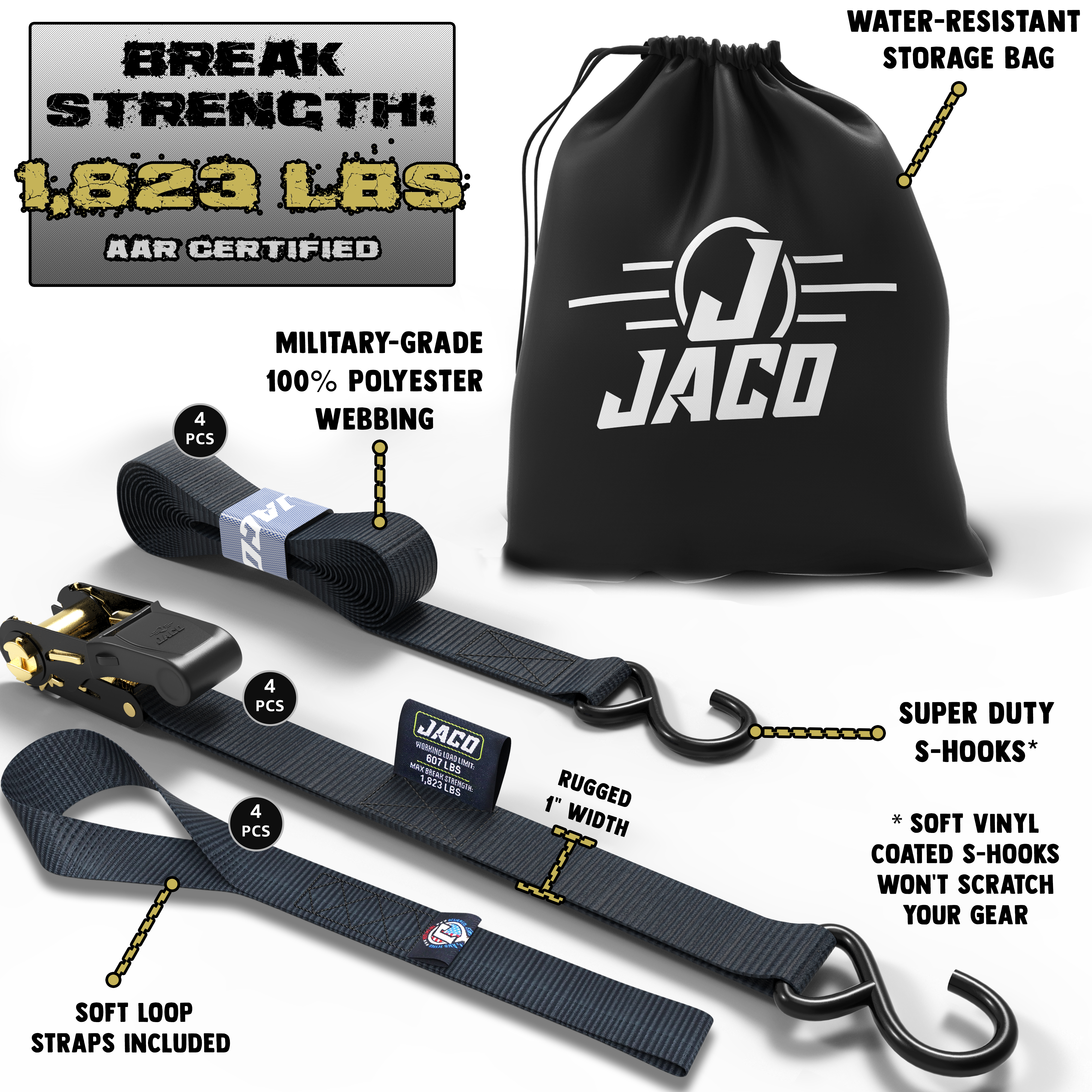 Photo of Tie Down Ratchet Straps (4 Pack) - 1 in x 15 ft | AAR Certified Break Strength (1,823 lbs) | Cargo Tie Down Set by JACO - Premium Tie Downs for UTVs / Side by Sides
