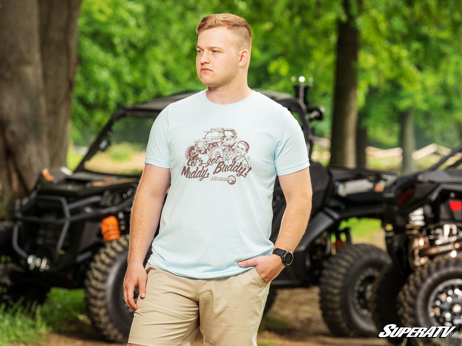 Photo of SuperATV Muddy Buddy Heather Ice Blue Unisex T-Shirt by SuperATV - Premium Apparel & Accessories for UTVs / Side by Sides