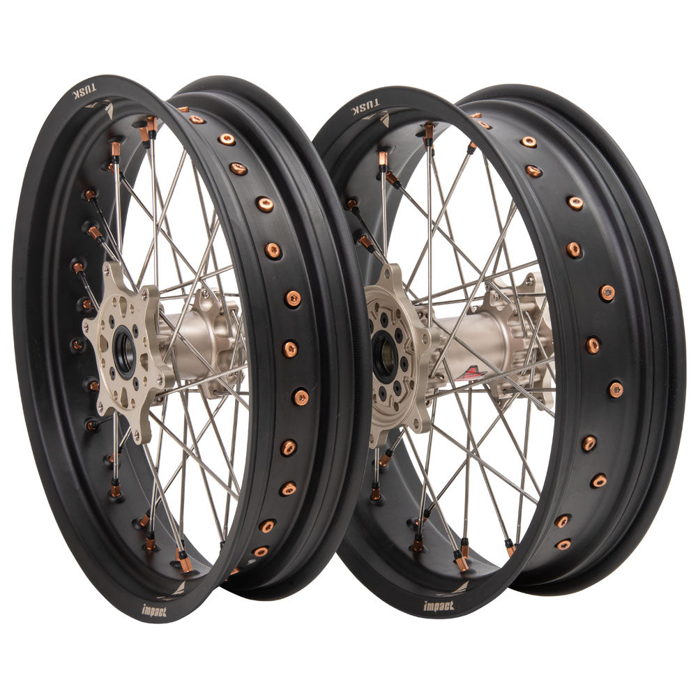 Tusk Impact Supermoto Complete Front and Rear Wheel Set 3.50 x 17 / 4.25 x 17 Matte Black Rim/Silver Spoke/Magnesium Hub/Magnesium Nipple GASGAS EC 250 (Fuel Injected) 2021–2025