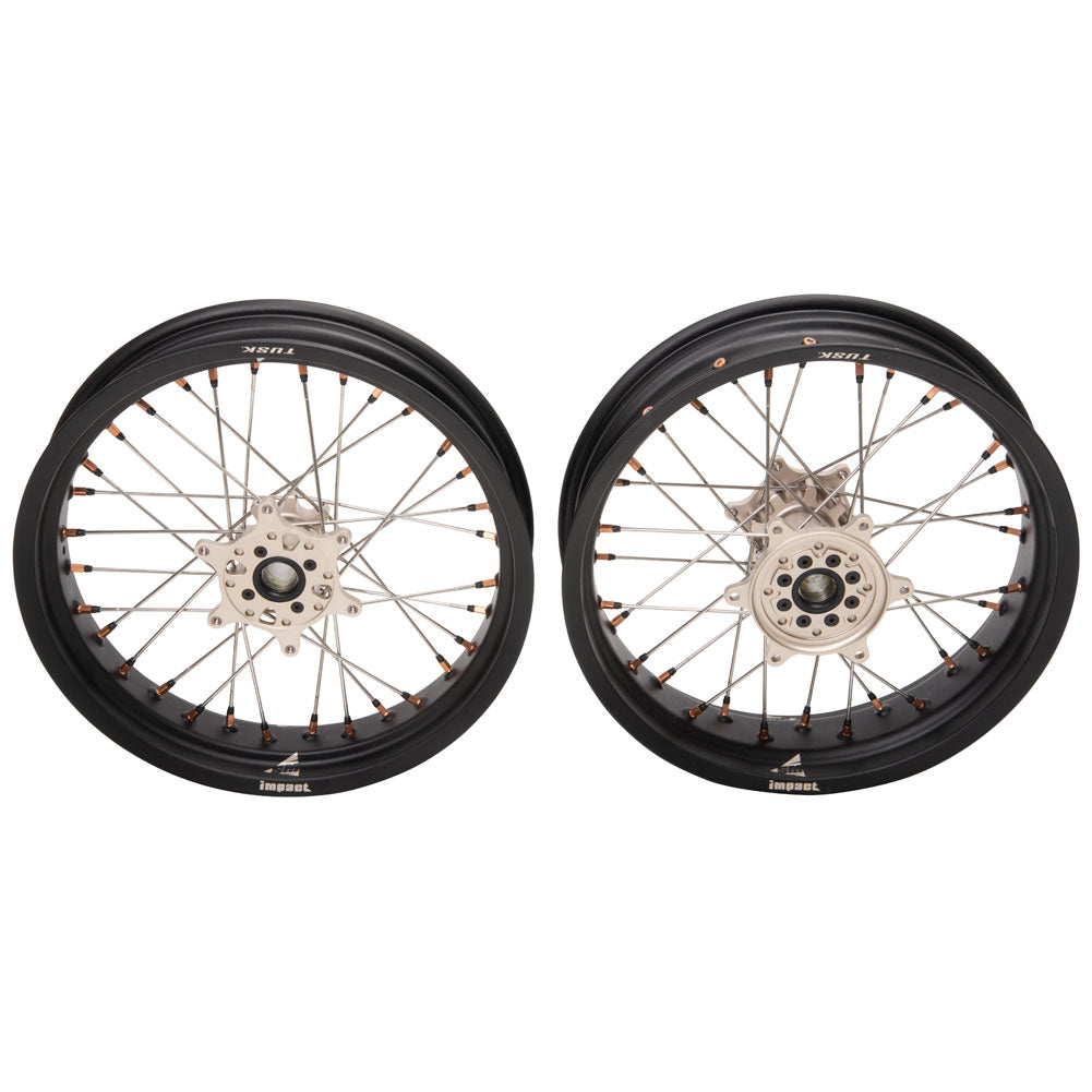 Tusk Impact Supermoto Complete Front and Rear Wheel Set 3.50 x 17 / 4.25 x 17 Matte Black Rim/Silver Spoke/Magnesium Hub/Magnesium Nipple KTM 125 EXC 1989-2025