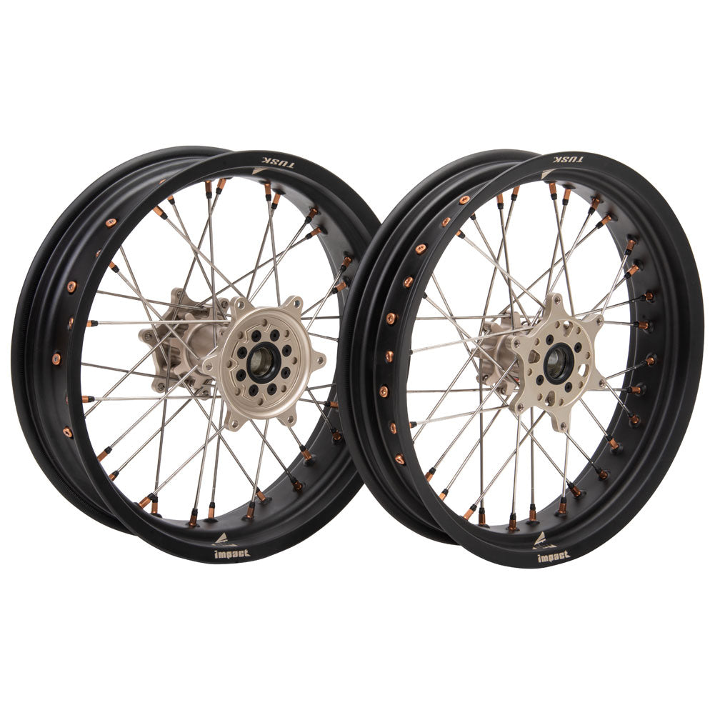 Tusk Impact Supermoto Complete Front and Rear Wheel Set 3.50 x 17 / 4.25 x 17 Matte Black Rim/Silver Spoke/Magnesium Hub/Magnesium Nipple GASGAS EC 250 (Fuel Injected) 2021–2025
