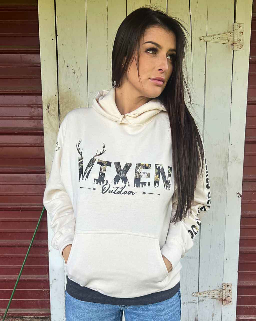 Photo of Vixen Huntress Pullover Hoodie - Natural by OFF-ROAD VIXENS CLOTHING CO. - Premium Ladies Hoodies for UTVs / Side by Sides