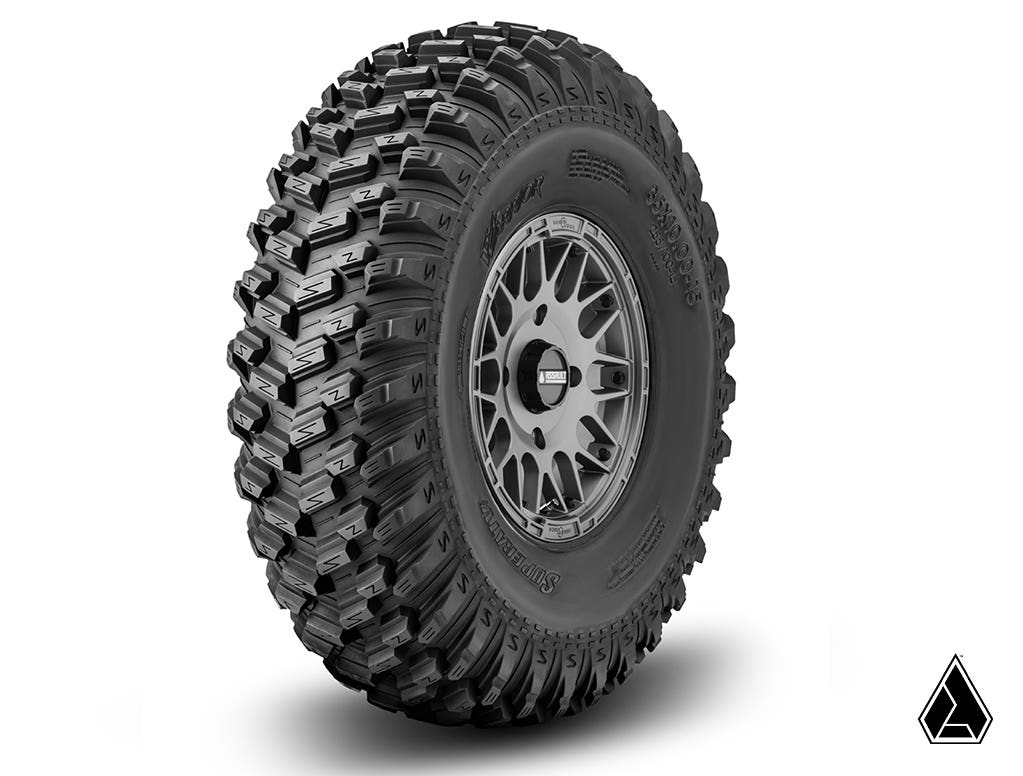 Photo of SuperATV Standard XT Warrior Tires 35x10x15 on 15x7 Assault Industries Hellfire Matte Titanium Wheels 4/156 Pattern by SuperATV - Premium Tires for UTVs / Side by Sides