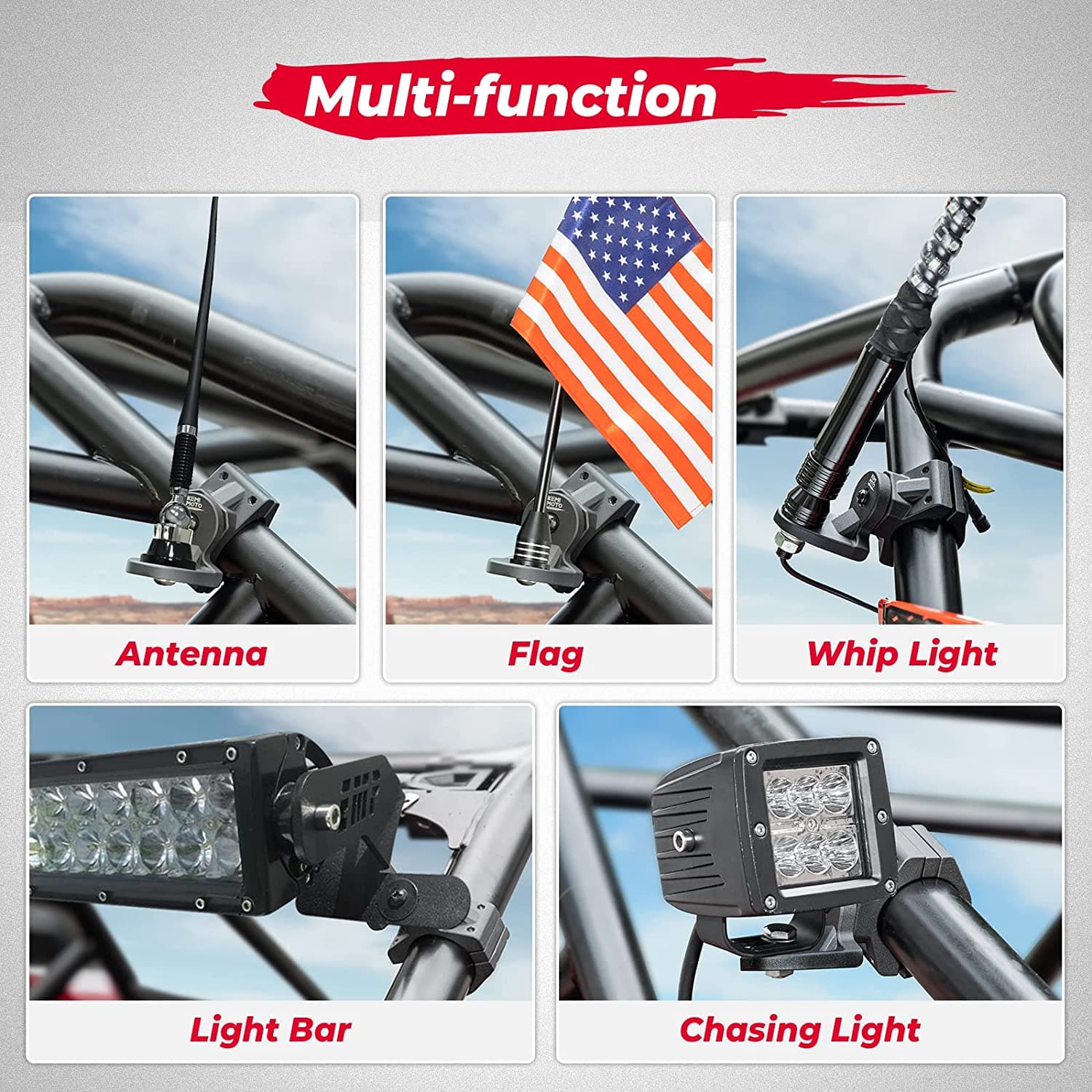 Photo of UTV Whip Light Mount for 1.75''-2'' Roll Bar Cage by Kemimoto - Premium for UTVs / Side by Sides