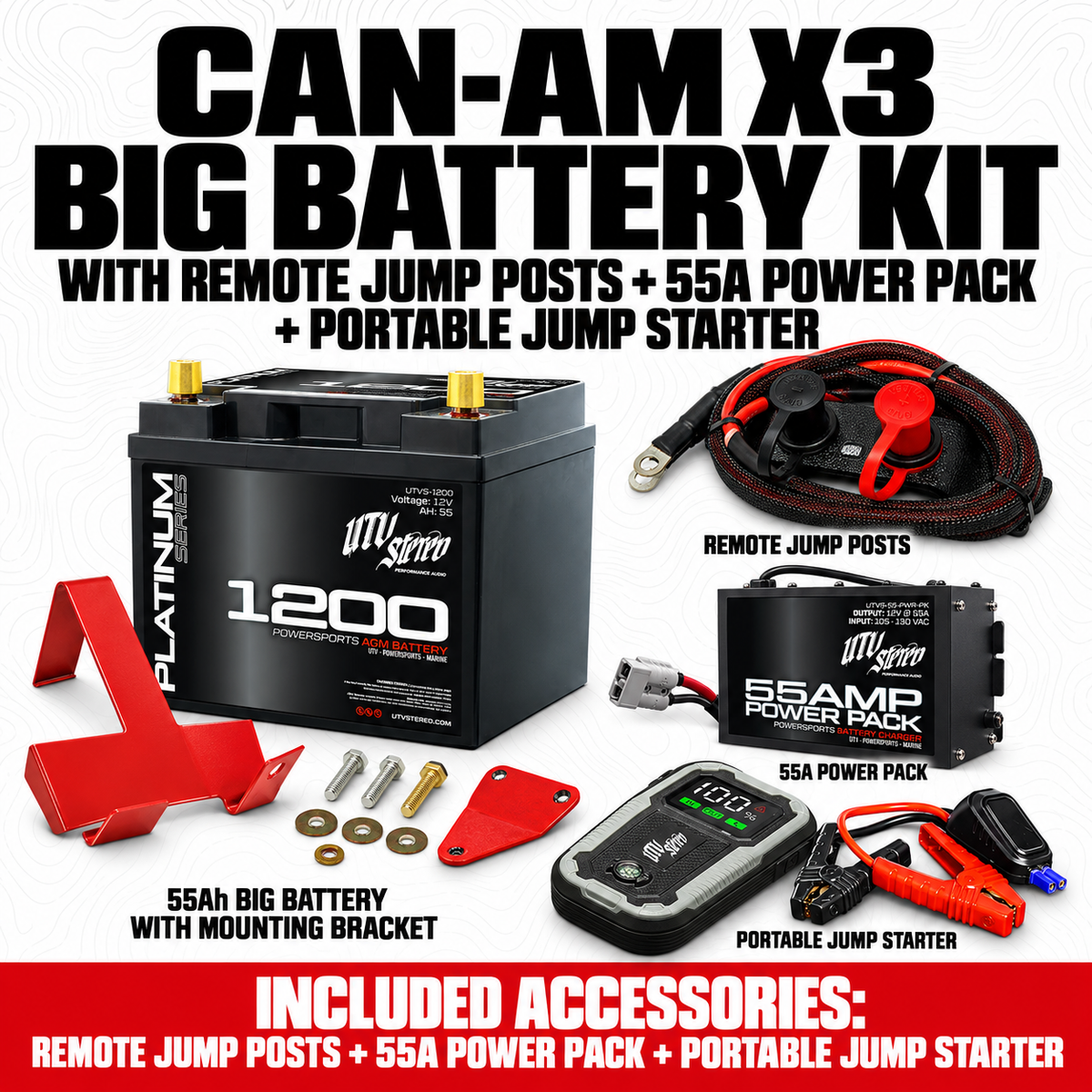 CAN-AM X3 BIG BATTERY KIT with REMOTE JUMP POSTS, 55A POWER PACK, PORTABLE JUMP STARTER; 55Ah battery, mounting bracket and hardware included