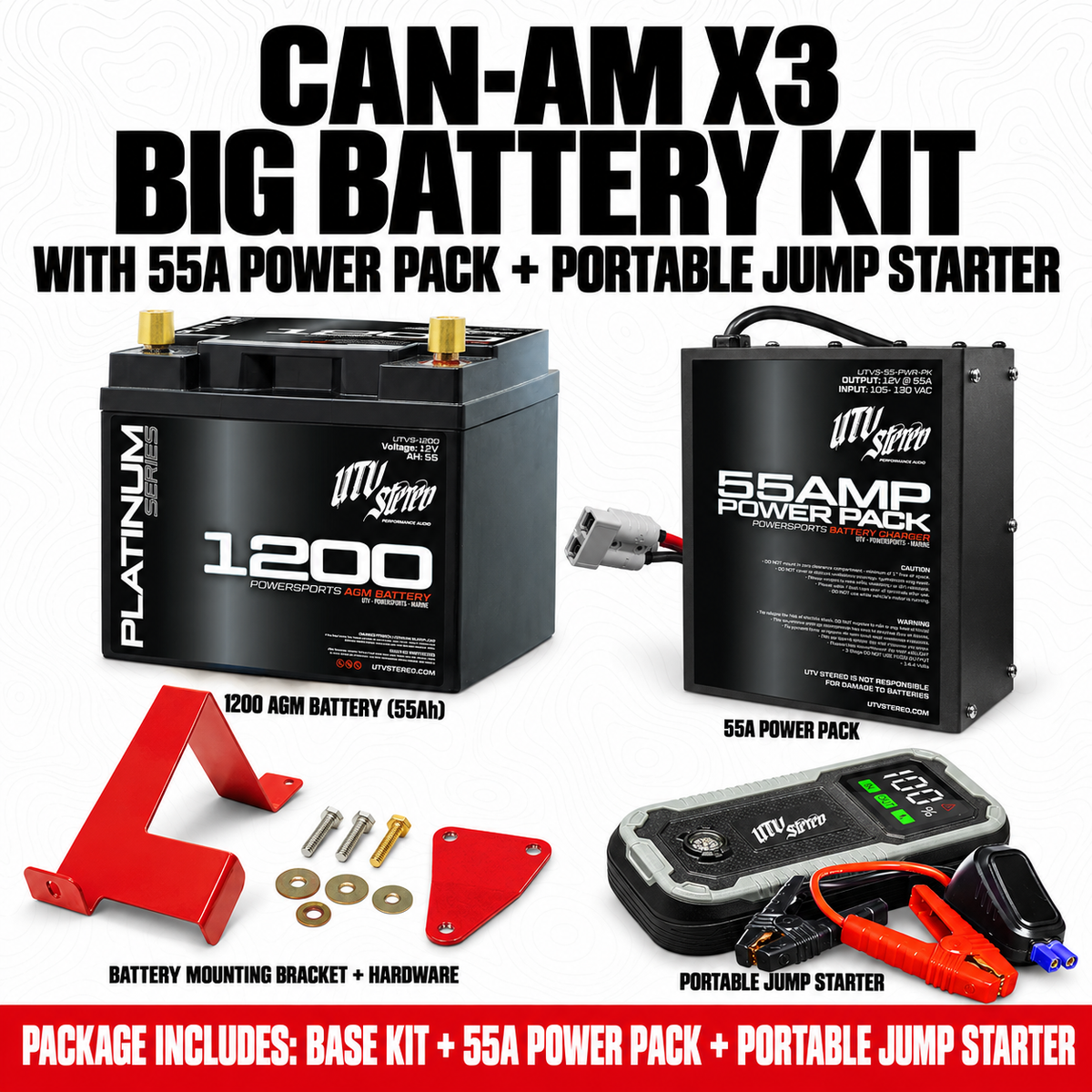 CAN-AM X3 BIG BATTERY KIT with 55A POWER PACK, PORTABLE JUMP STARTER; 55Ah battery, mounting bracket and hardware included
