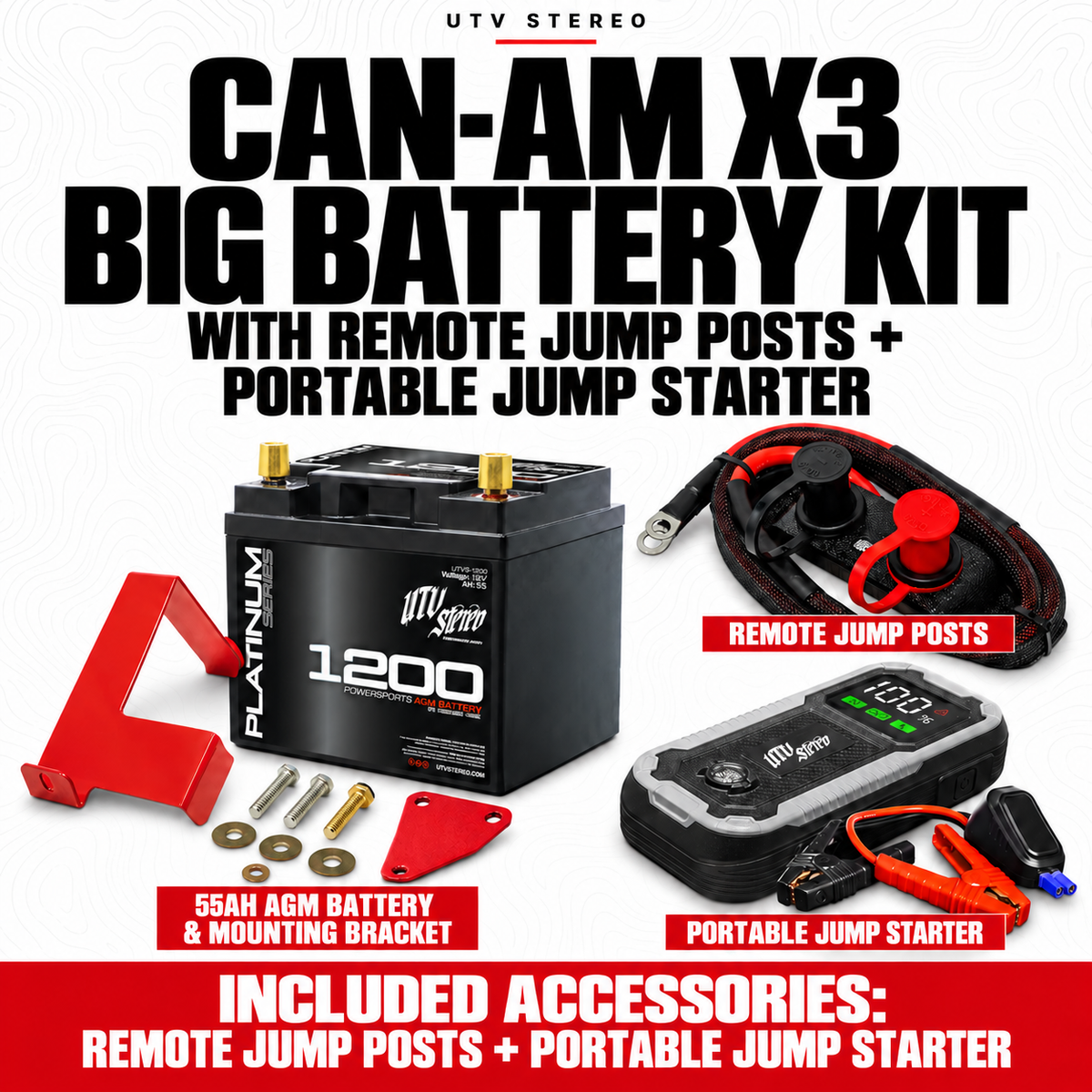 CAN-AM X3 BIG BATTERY KIT with REMOTE JUMP POSTS, PORTABLE JUMP STARTER; 55Ah battery, mounting bracket and hardware included