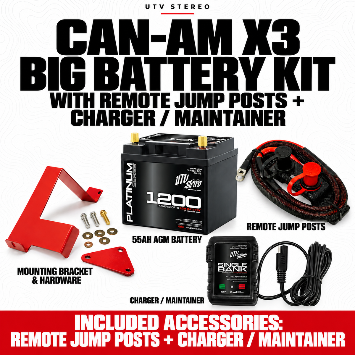 CAN-AM X3 BIG BATTERY KIT with REMOTE JUMP POSTS, CHARGER / MAINTAINER; 55Ah battery, mounting bracket and hardware included