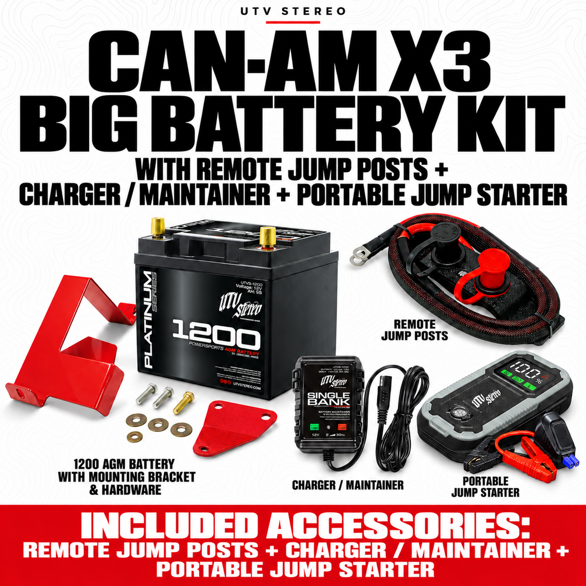 CAN-AM X3 BIG BATTERY KIT with REMOTE JUMP POSTS, CHARGER / MAINTAINER, PORTABLE JUMP STARTER; 55Ah battery, mounting bracket and hardware included