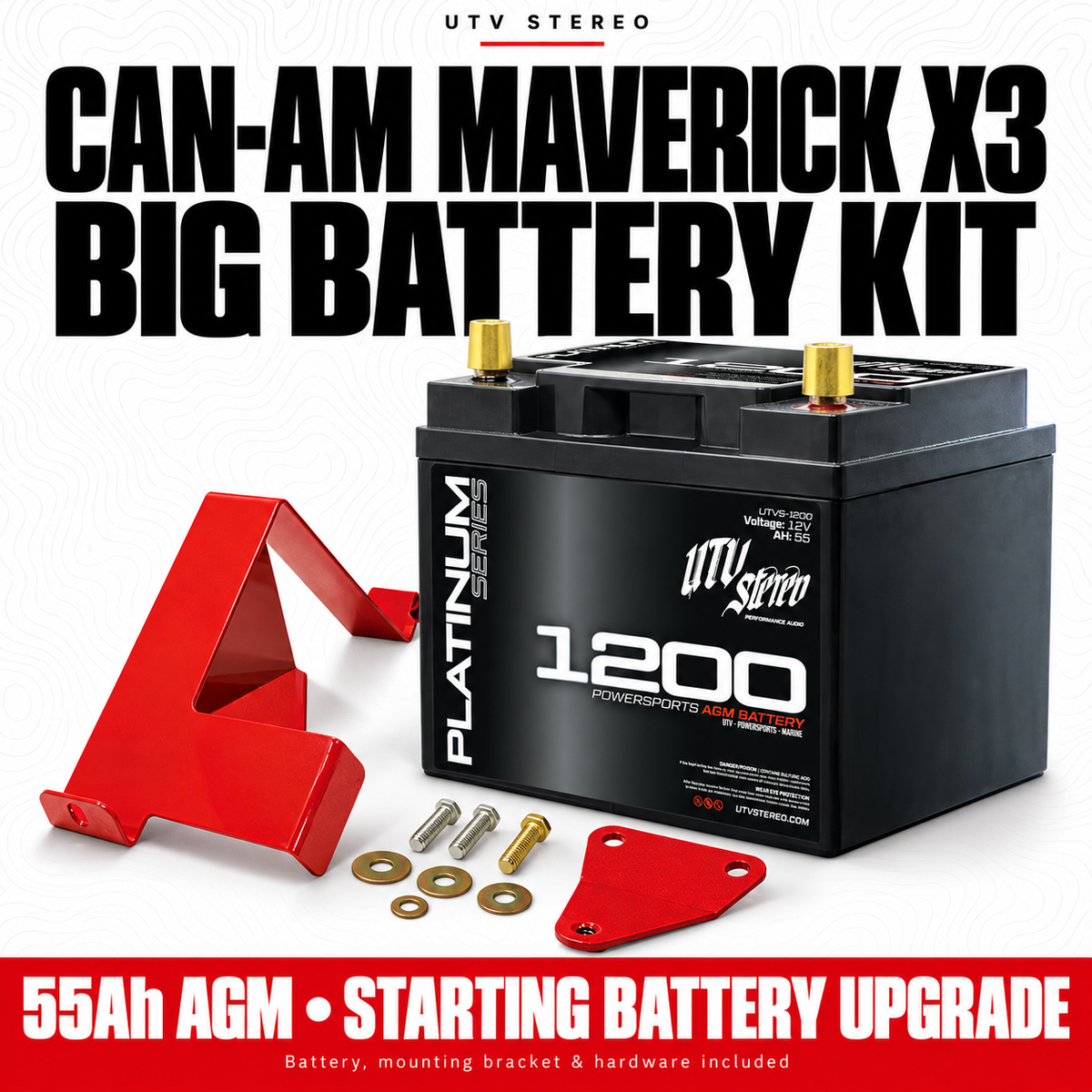 Can-Am Maverick X3 Big Battery Kit — 55Ah AGM battery, bracket and hardware