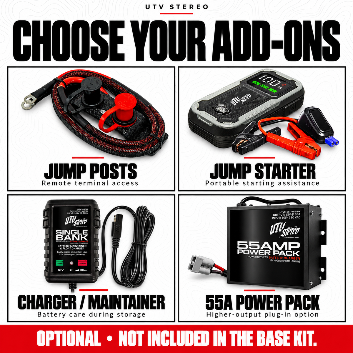 Optional jump posts, jump starter, charger and 55A power pack
