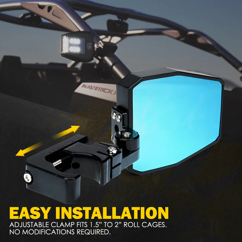 UTV Side View Mirror with LED Spotlight & C-Clamp Brackets