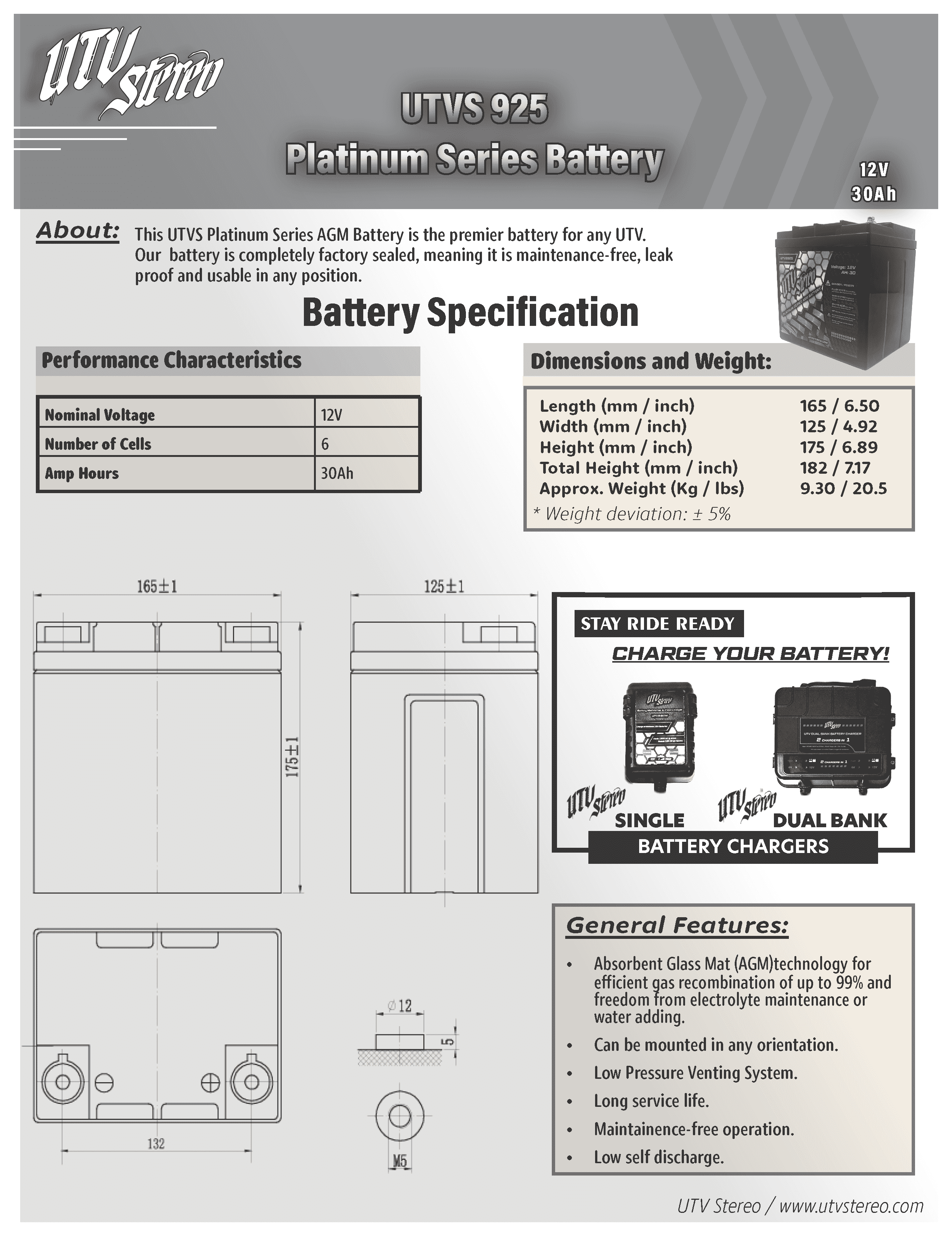 Photo of Platinum Series AGM 925 Battery by UTV Stereo - Premium Batteries for UTVs / Side by Sides