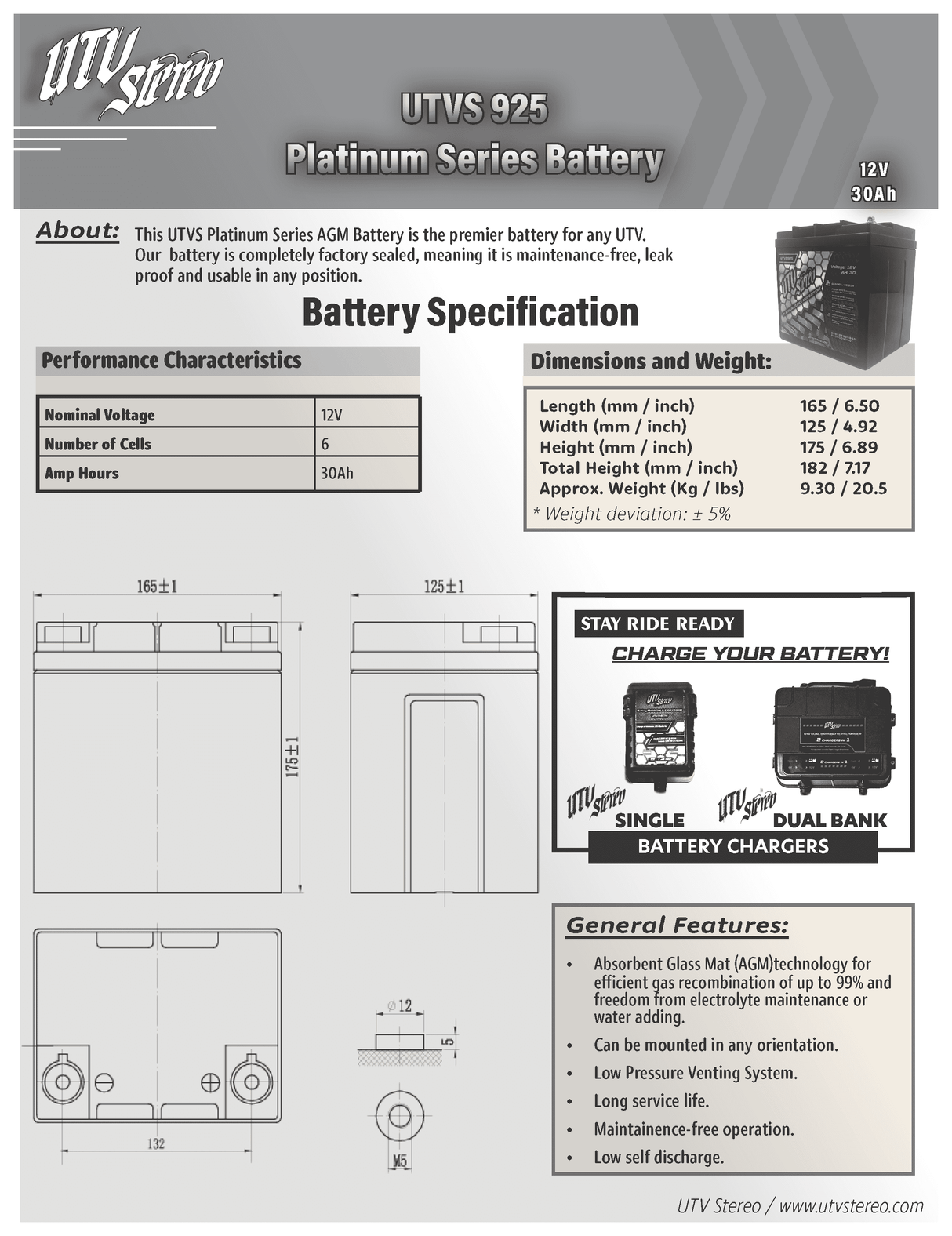 Platinum Series AGM 925 Battery |  R1 Industries | UTV Stereo.